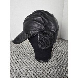 RARE Vtg Motsch pour HERMÈS Black Leather Cap Size 58 Flat Cap Ear Flaps PARIS